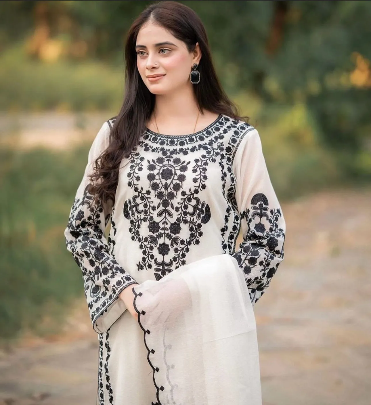 AZURE - 3PC DHANAK EMBROIDERED SHIRT WITH TWILL PRINTED SHAWL AND TROUSER - HZG1821