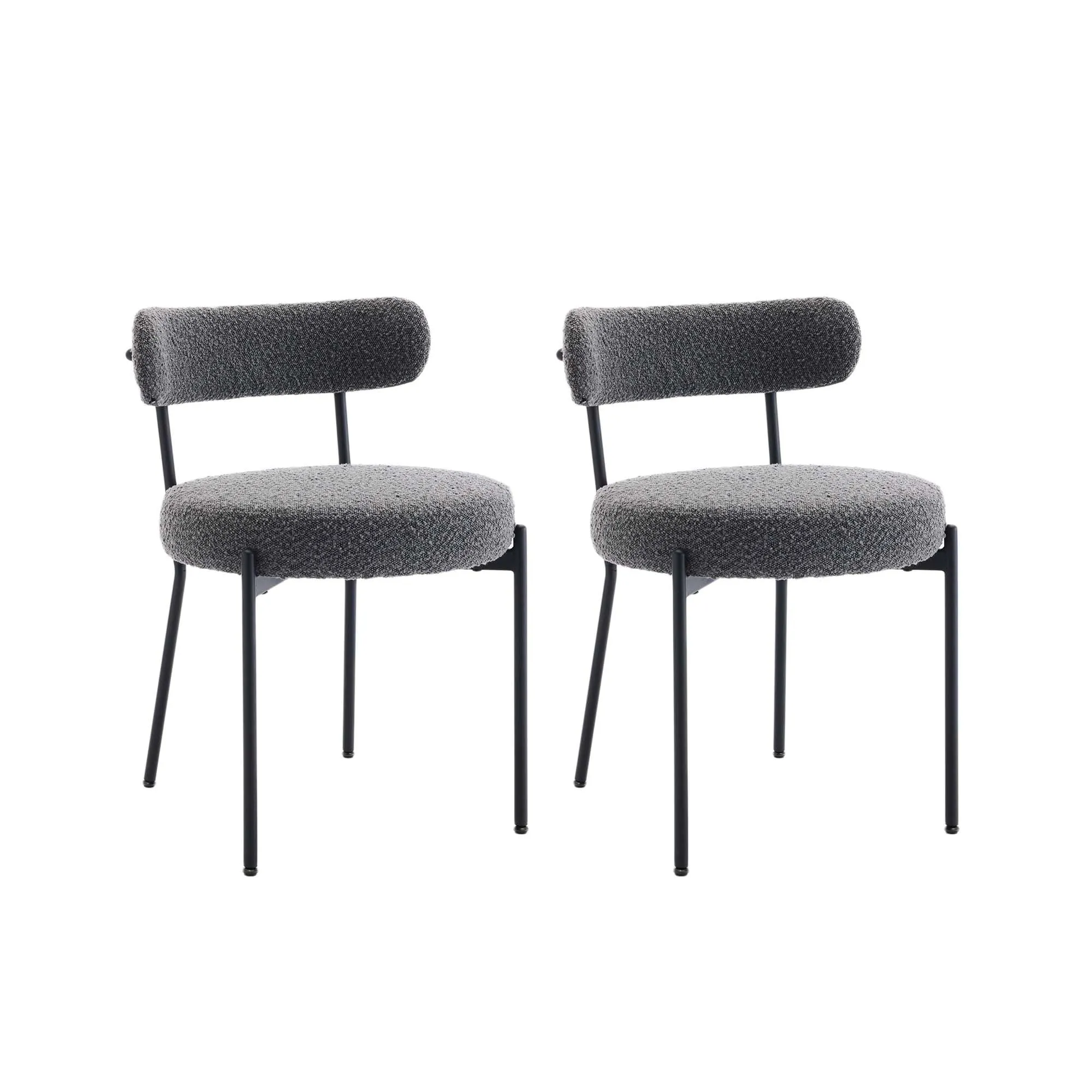 GARVEE Mid-Century Dining Chairs Set of 2, Boucle Dining Room Chairs, Round Upholstered Chairs with Adjustable Legs - (Light Grey, Black Leg)