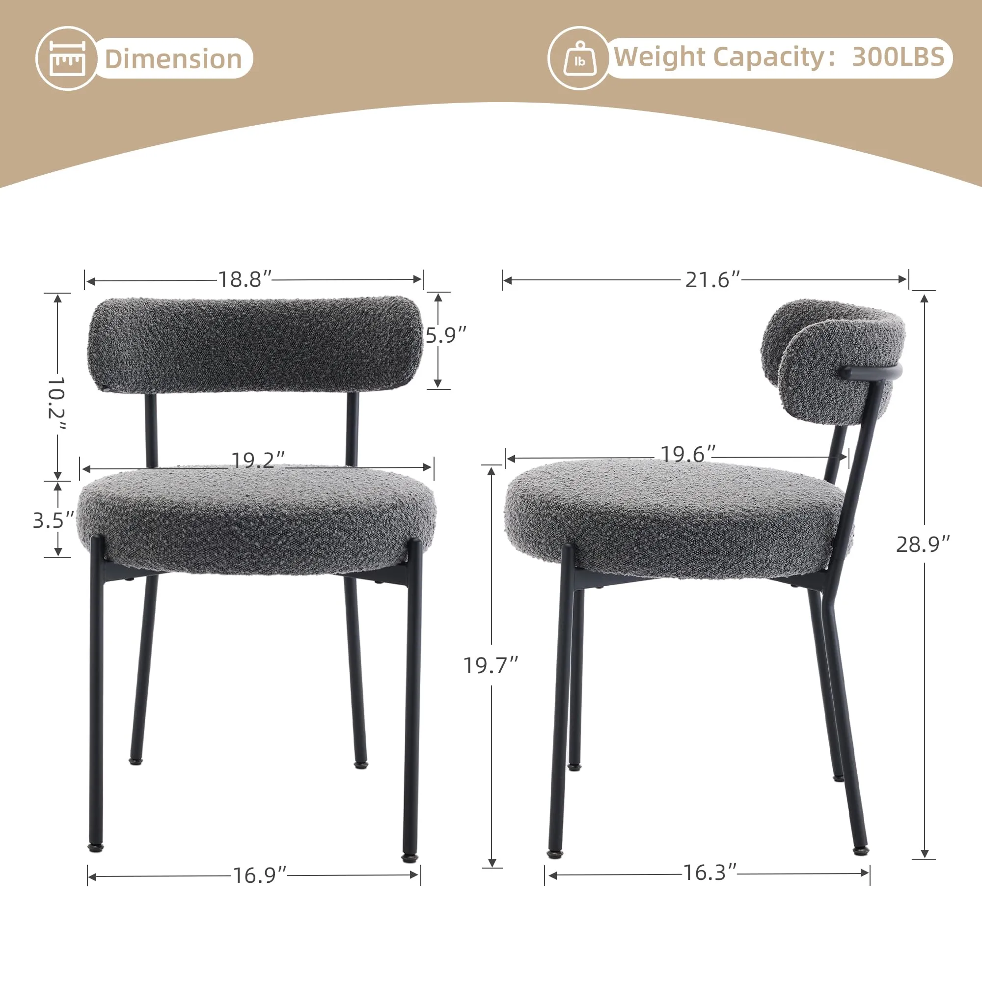 GARVEE Mid-Century Dining Chairs Set of 2, Boucle Dining Room Chairs, Round Upholstered Chairs with Adjustable Legs - (Light Grey, Black Leg)