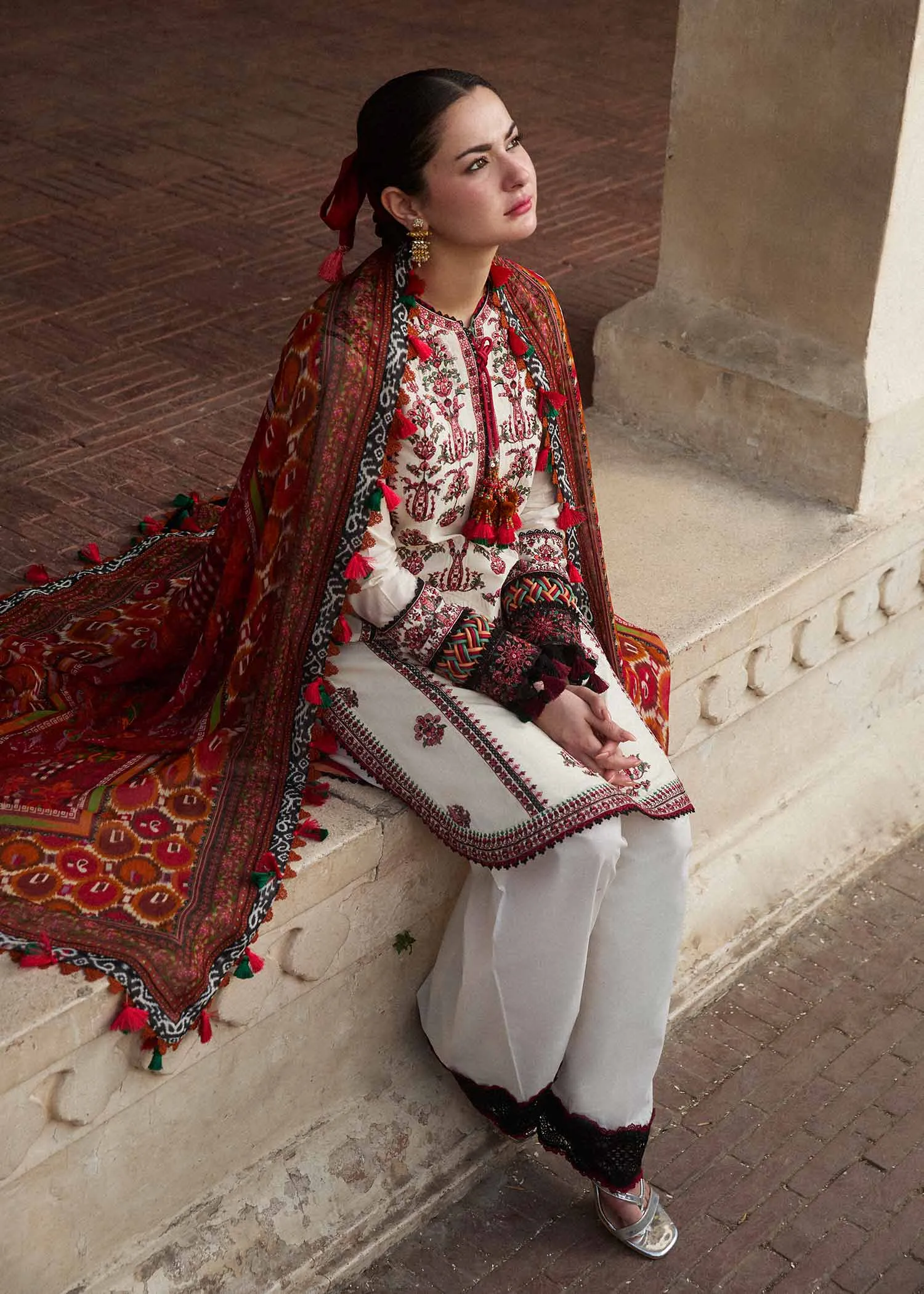 HUSSAIN REHAR - 3PC DHANAK EMBROIDERED SHIRT WITH TWILL PRINTED SHAWL AND TROUSER - HZG1789