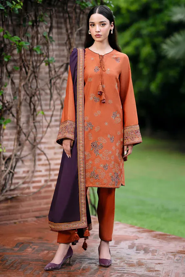 JAZMIN - 3PC DHANAK EMBROIDERED SHIRT WITH PRINTED TWILL SHAWL AND TROUSER - HZG1800