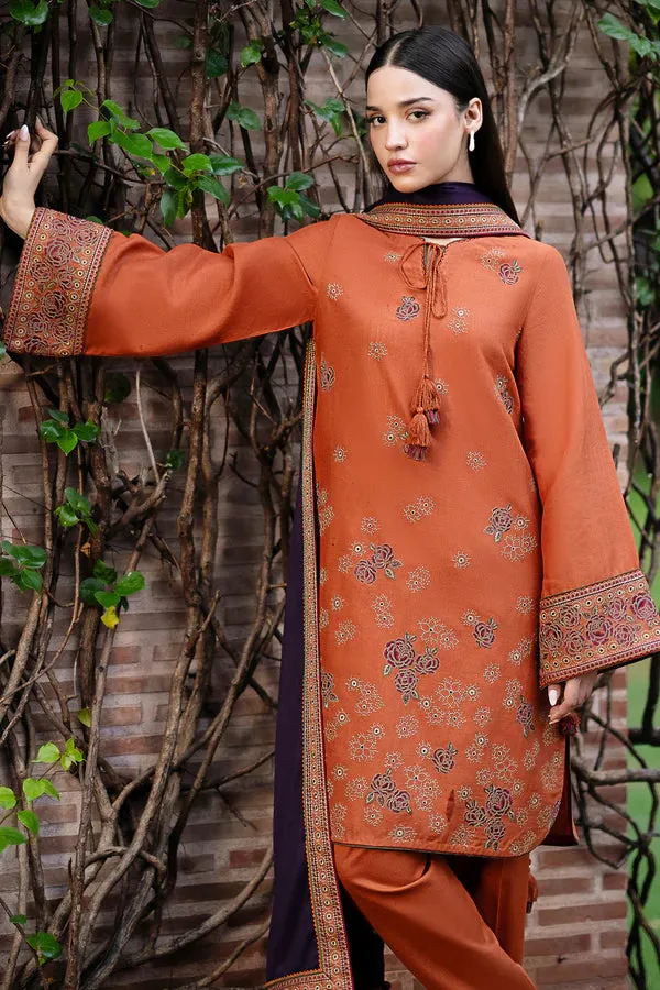 JAZMIN - 3PC DHANAK EMBROIDERED SHIRT WITH PRINTED TWILL SHAWL AND TROUSER - HZG1800