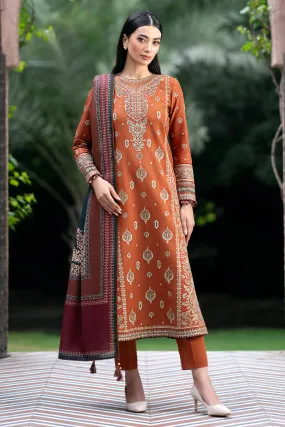 JAZMIN - 3PC DHANAK EMBROIDERED SHIRT WITH TWILL PRINTED SHAWL AND TROUSER - HZG1884