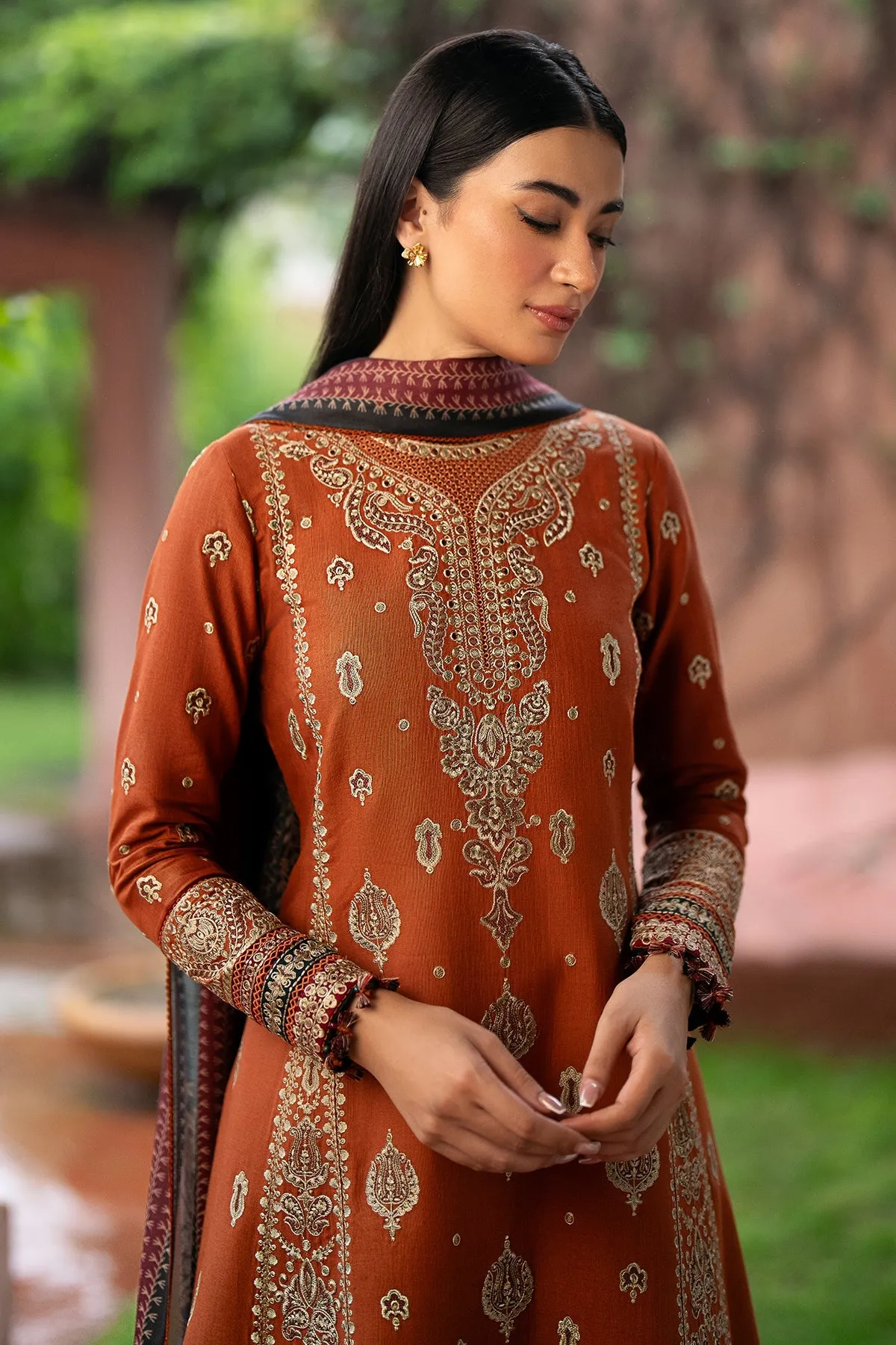 JAZMIN - 3PC DHANAK EMBROIDERED SHIRT WITH TWILL PRINTED SHAWL AND TROUSER - HZG1884