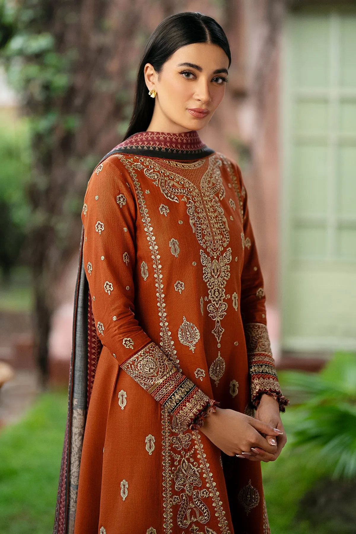 JAZMIN - 3PC DHANAK EMBROIDERED SHIRT WITH TWILL PRINTED SHAWL AND TROUSER - HZG1884