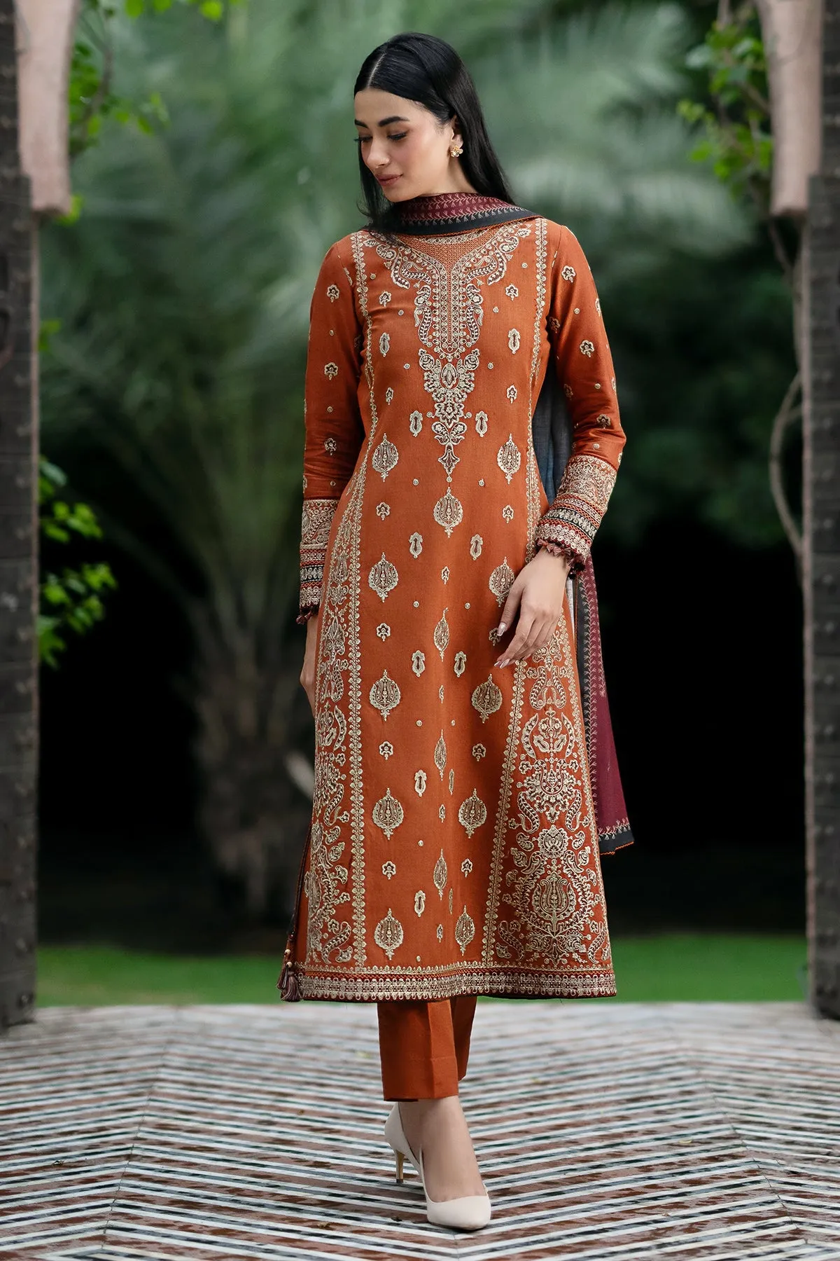 JAZMIN - 3PC DHANAK EMBROIDERED SHIRT WITH TWILL PRINTED SHAWL AND TROUSER - HZG1884