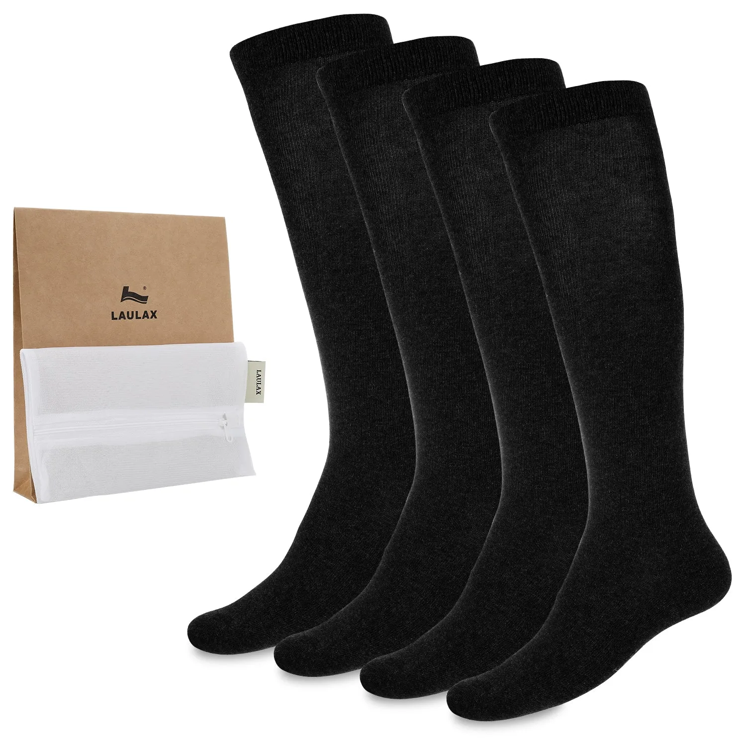 Laulax 4 Pairs Finest Combed Cotton Smooth Seamless Toe Knee High Socks, Size UK 3 - 7 / Europe 36 - 40