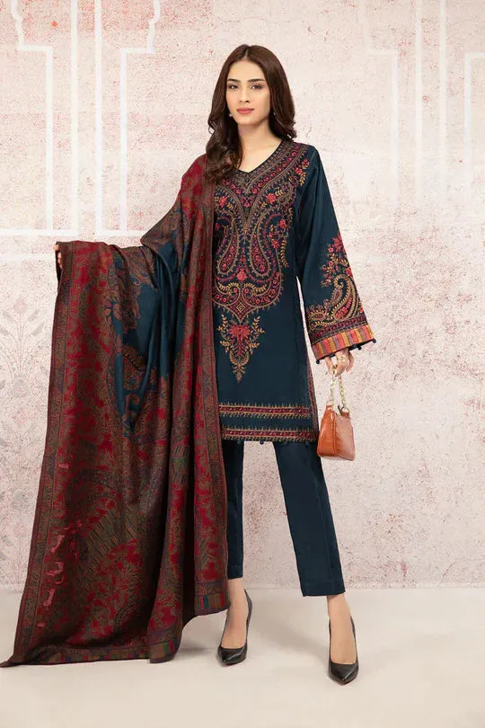 MARIA B - 3PC DHANAK EMBROIDERED SHIRT WITH TWILL PRINTED SHAWL AND TROUSER - HZG1870