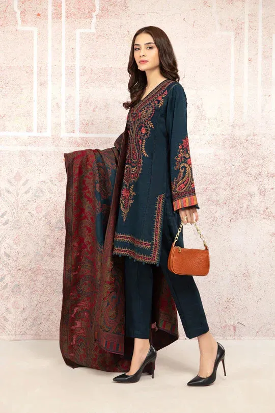 MARIA B - 3PC DHANAK EMBROIDERED SHIRT WITH TWILL PRINTED SHAWL AND TROUSER - HZG1870