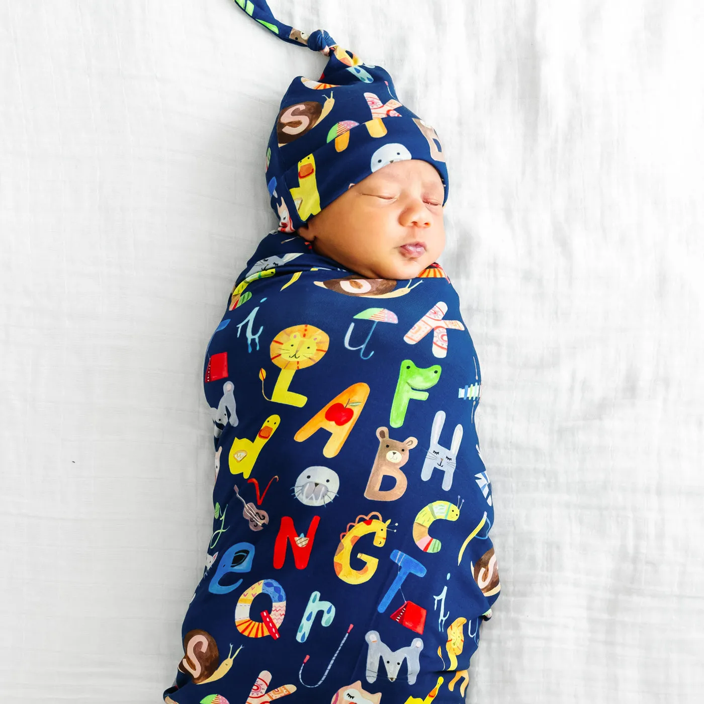 Navy Alphabet Friends Swaddle & Hat Set