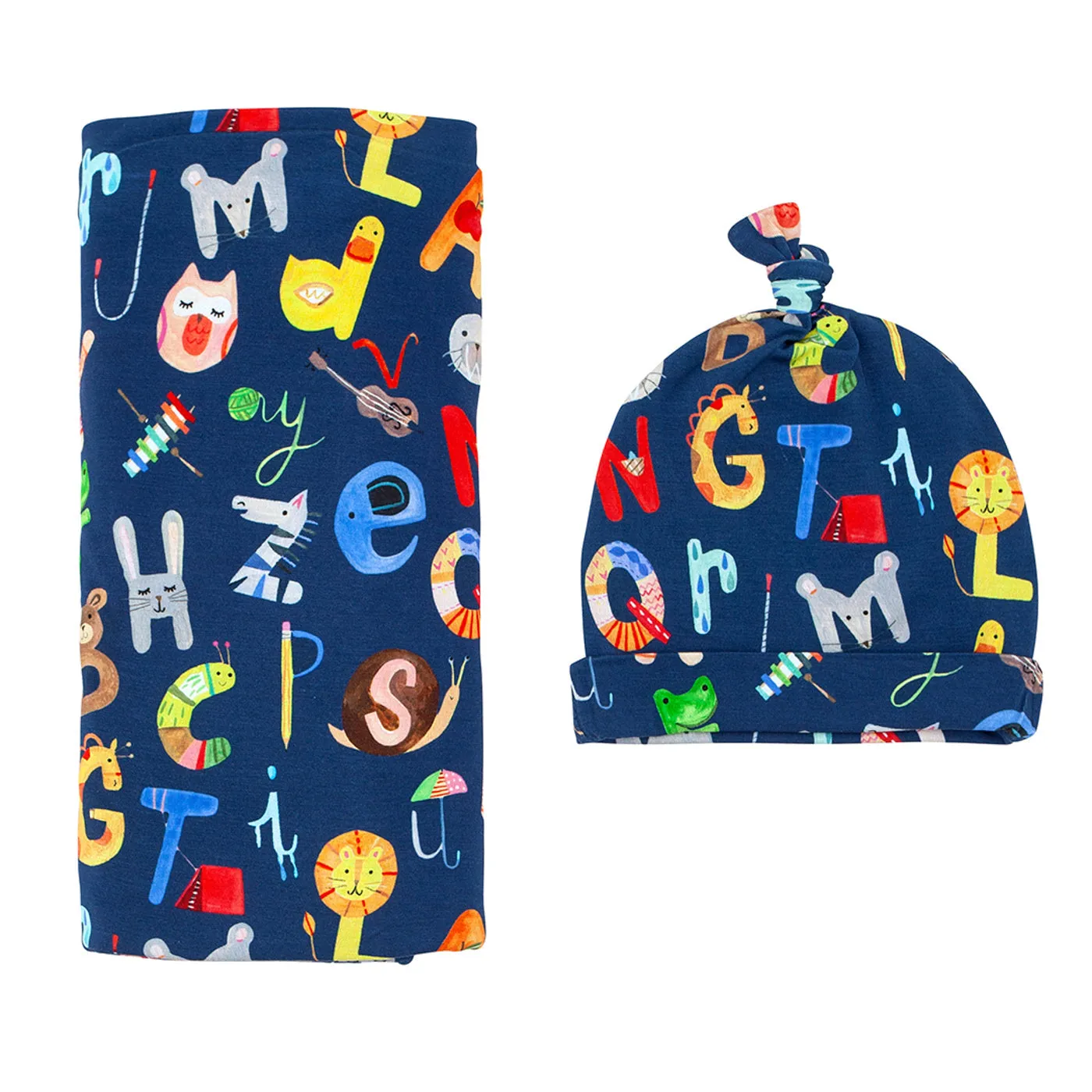 Navy Alphabet Friends Swaddle & Hat Set