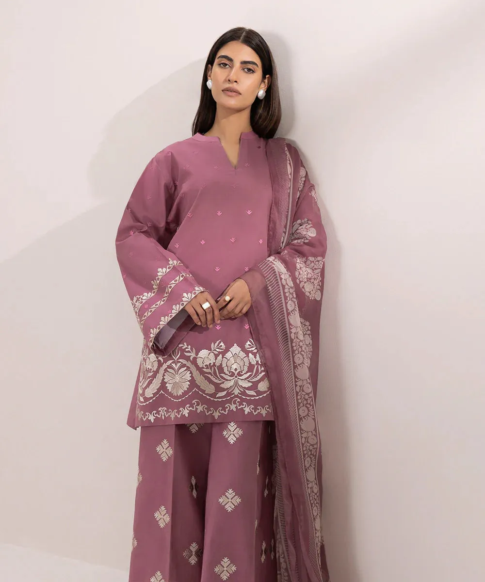 SAPPHIRE - 3PC DHANAK EMBROIDERED SHIRT WITH TWILL PRINTED SHAWL AND EMBROIDERED TROUSER - HZG1582