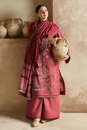 ZARA SHAH JAHAN - 3PC DHANAK EMBROIDERED SHIRT WITH TWILL PRINTED SHAWL AND TROUSER - HZG1394